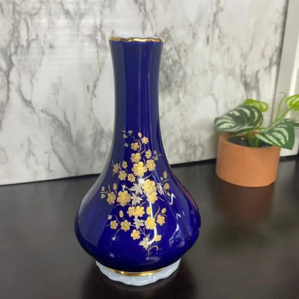 Vintage 1970's Blue Floral Czech Porcelian Vase